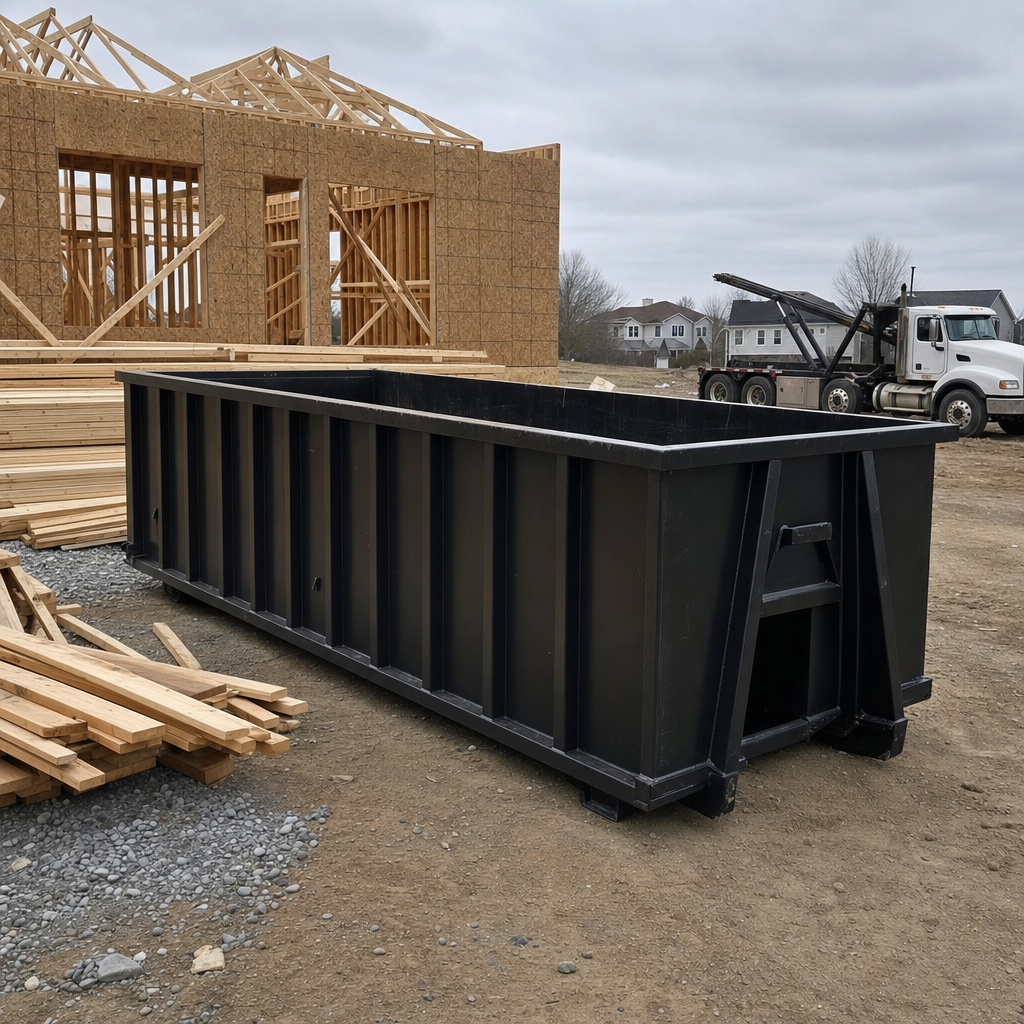 Matte-black 40-yard roll-off dumpster staged on a framed-out residential construction site in Utica, framing lumber stacked nearby, hooklift delivery truck visible in the background under bright Colorado daylight