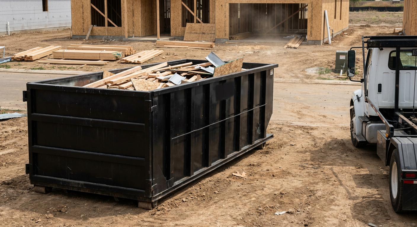 Matte-black 20-yard roll-off construction dumpster with heavy ribbed steel sidewalls and swing rear doors at a working jobsite in Utica, sitting directly on compacted dirt with an unmarked white hauler partially visible at the far edge of the frame.