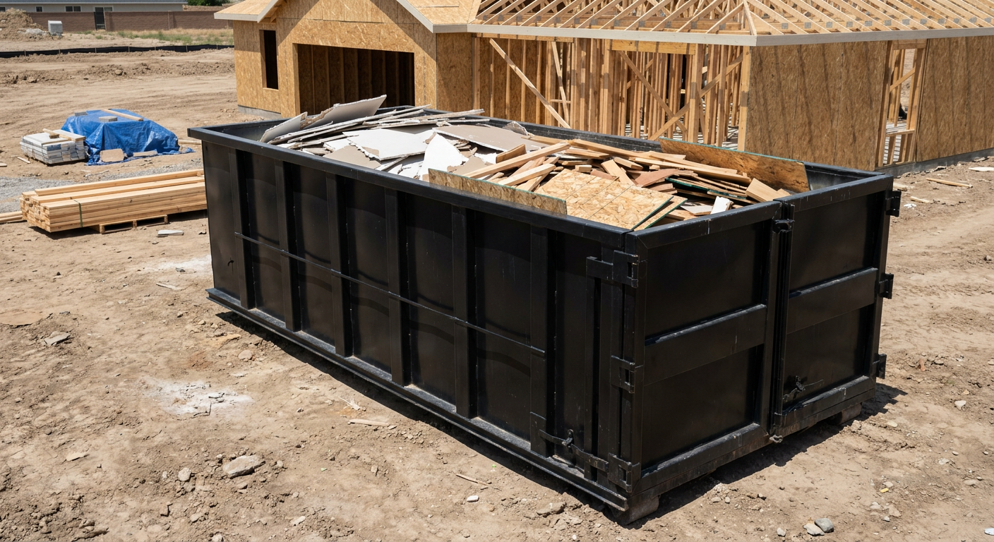 Matte-black 30-yard roll-off construction dumpster sitting directly on the compacted-dirt site of a framed single-family home build in Utica, drywall and lumber scrap loaded inside.