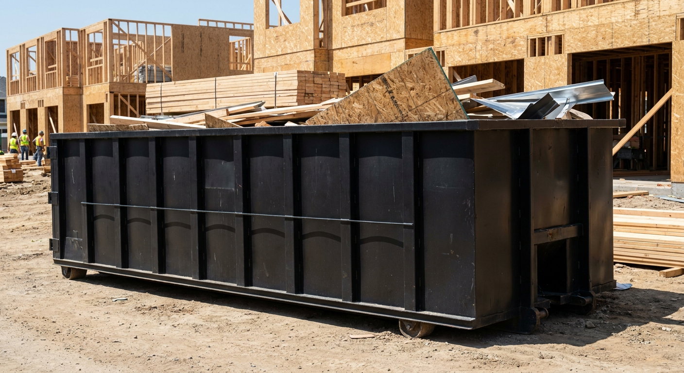Matte-black 40-yard roll-off construction dumpster being lowered from a white-cab hooklift delivery truck onto the compacted-dirt jobsite at a commercial build site in Utica