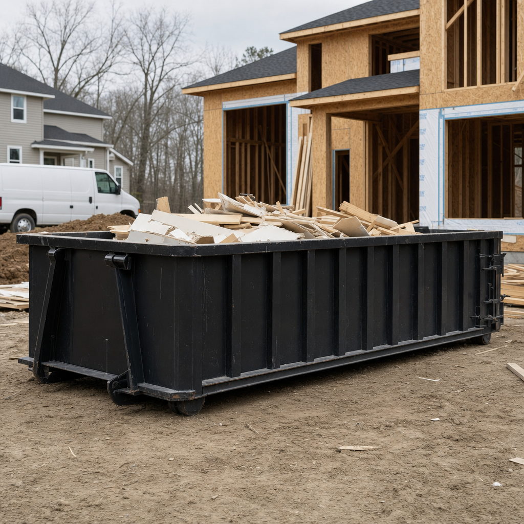 Worker in a yellow high-visibility vest tossing framing lumber and broken drywall into a matte-black 30-yard construction roll-off dumpster on an active build site in Utica, bright daylight