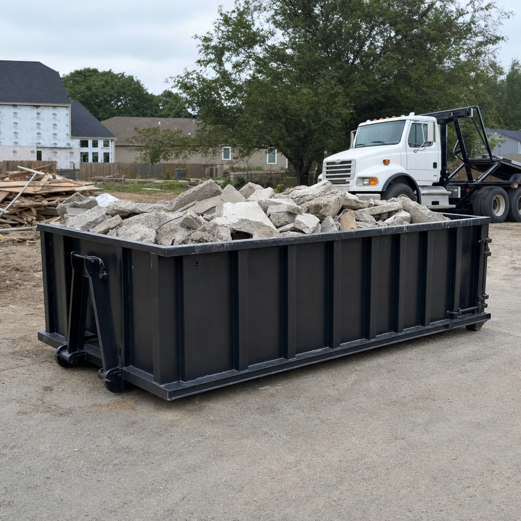 Low-profile matte-black lowboy roll-off dumpster loaded with broken concrete slab and rebar at a foundation tear-out in Utica, skid steer parked beside it, sunny Colorado morning