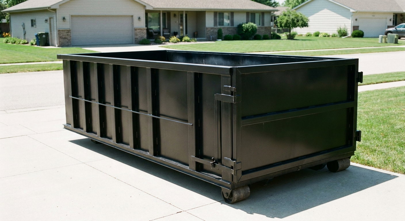 Matte-black 10-yard roll-off dumpster on a residential concrete driveway in Utica, uniformly painted matte black across every panel and rail, ribbed steel sidewalls and rear swing door visible, mid-day daylight.