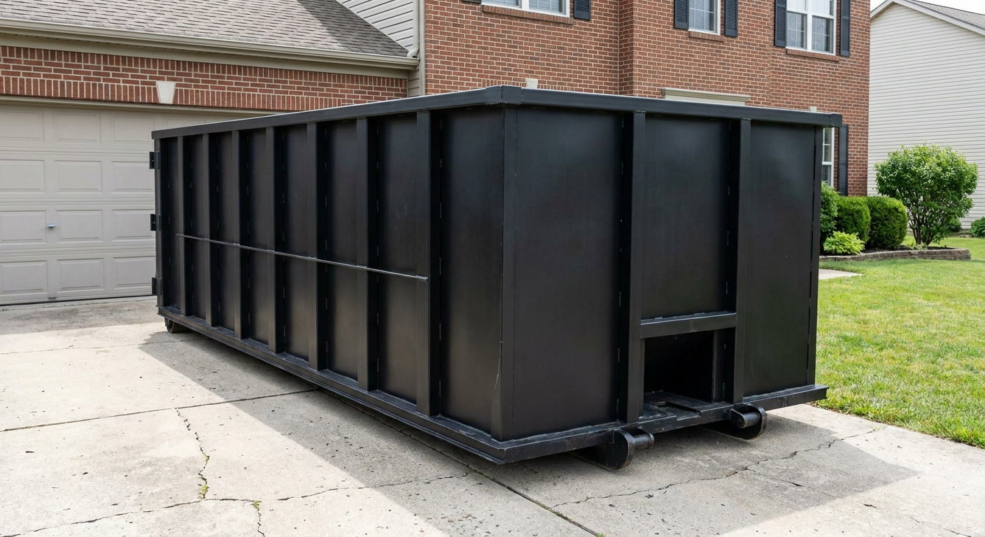 Matte-black 20-yard roll-off container on a Utica residential concrete driveway with reinforced ribbed steel sidewalls and a hinged rear walk-in door, clean bright daylight.