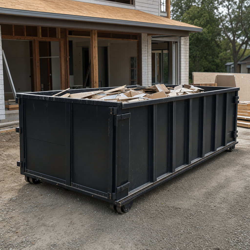Large matte-black 30-yard construction roll-off dumpster at an active Utica jobsite, steel-gray top rails and bottom rollers visible, loaded with construction debris.