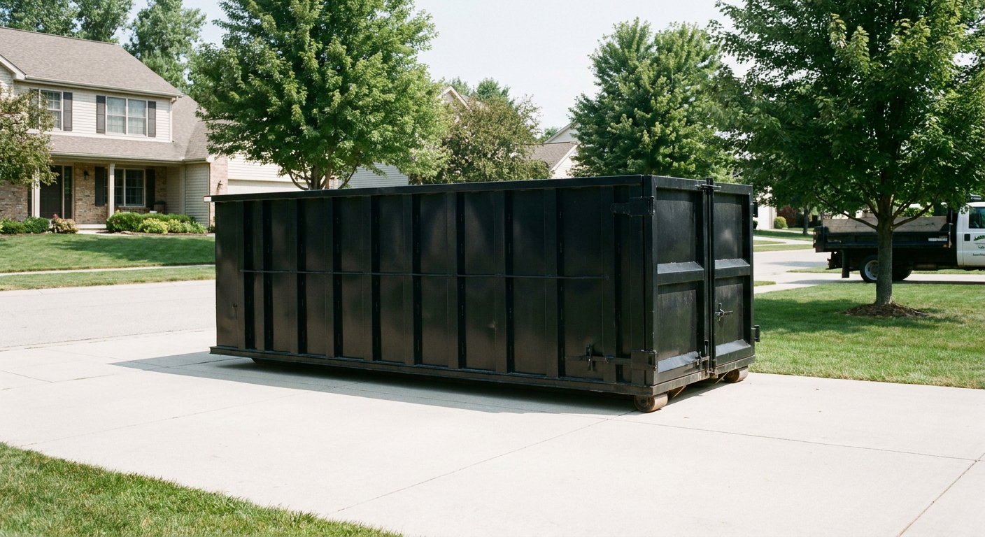 Matte-black 20-yard roll-off dumpster sitting level on a clean Utica residential concrete driveway under bright daylight, demonstrating clean placement directly on the concrete.