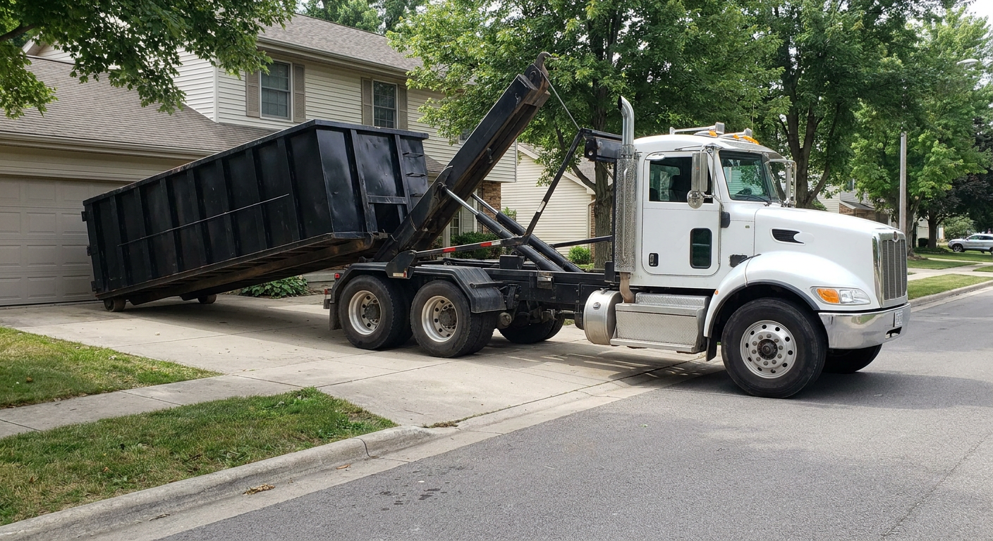 White-cab hooklift roll-off truck actively lowering a matte-black dumpster onto a Utica residential concrete driveway, the dumpster's rear wheels touching the driveway as the hoist arm tilts the bed forward, mid-morning daylight.