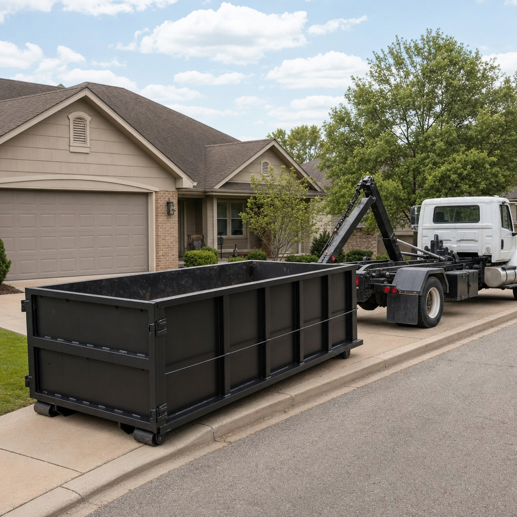 Wide documentary shot of a matte-black roll-off dumpster on a Utica residential driveway in the foreground and a contractor jobsite container in the soft-focus background, bright daylight, calm and orderly composition.