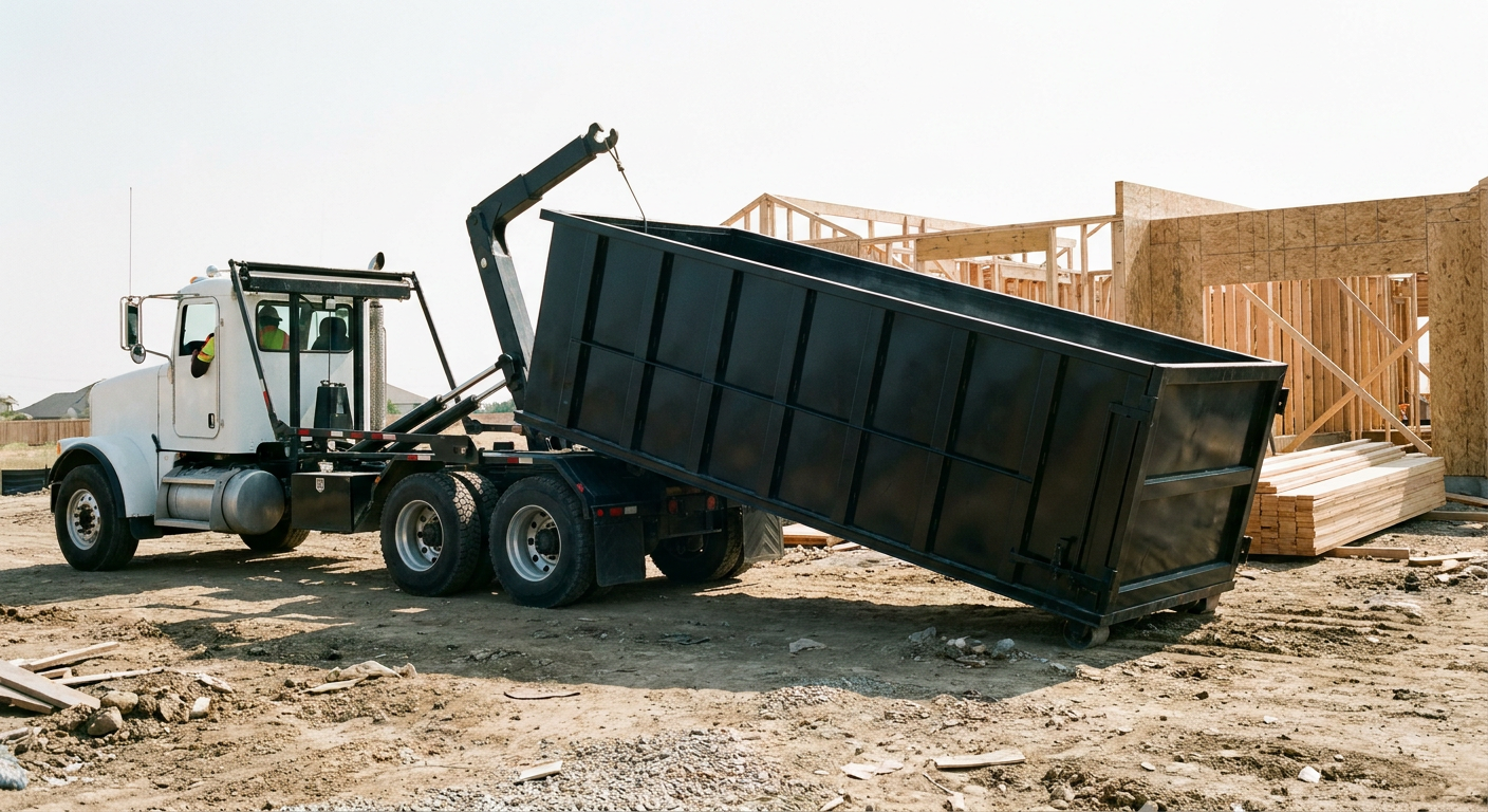 Matte-black roll-off dumpster being delivered onto a clean residential concrete driveway in Utica by an unmarked white hooklift hauler truck, bright morning daylight, documentary 35mm perspective.