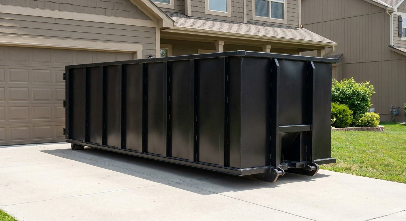 Matte-black residential roll-off dumpster sitting directly on a suburban Utica concrete driveway, garage door closed, single-family home in background, bright morning daylight.