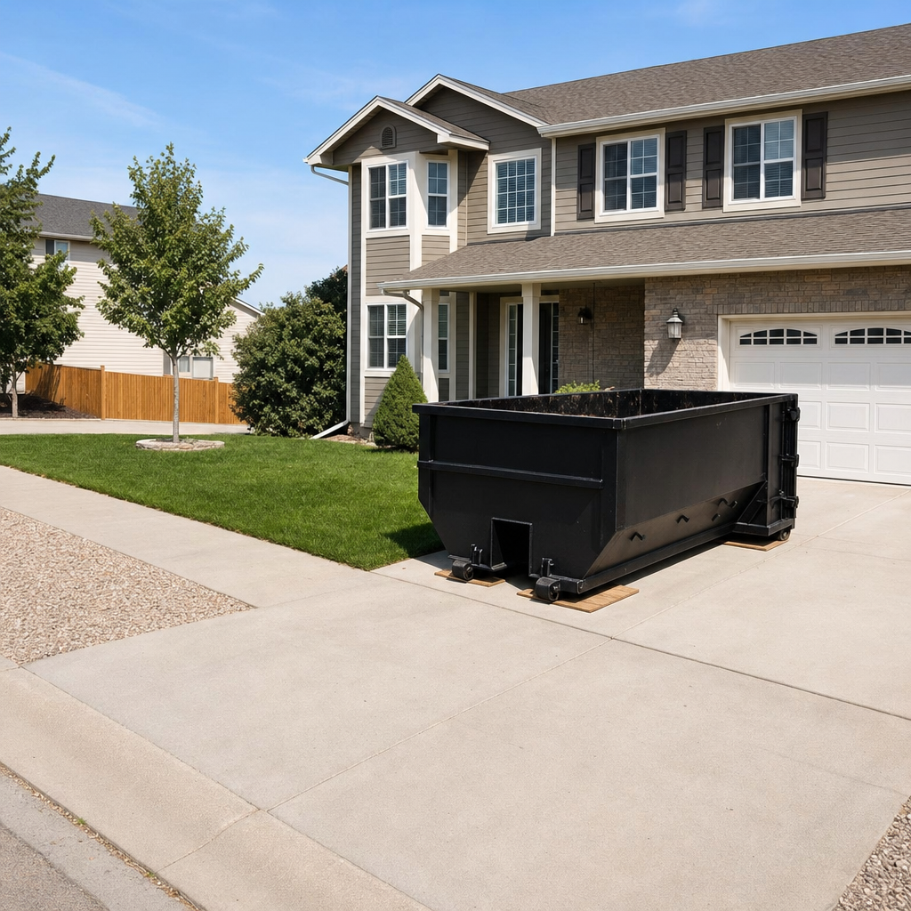 10-yard matte-black residential dumpster placed directly on a narrow Utica concrete driveway, room remains for a parked sedan beside it, mid-morning natural light