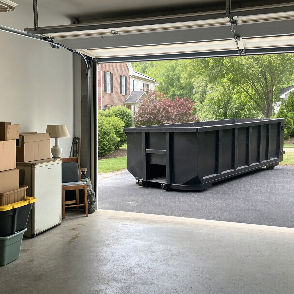 Open garage interior in a Utica home mid-cleanout — boxed items, an old appliance, and stacked yard tools queued near the driveway for a matte-black roll-off dumpster, organized and calm