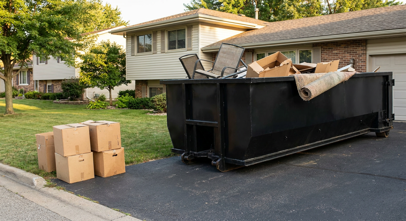 Front-yard view of a Utica split-level home with a 20-yard matte-black roll-off dumpster sitting directly on the asphalt driveway, a few clearly labeled donation boxes staged at the curb, calm sunny afternoon.