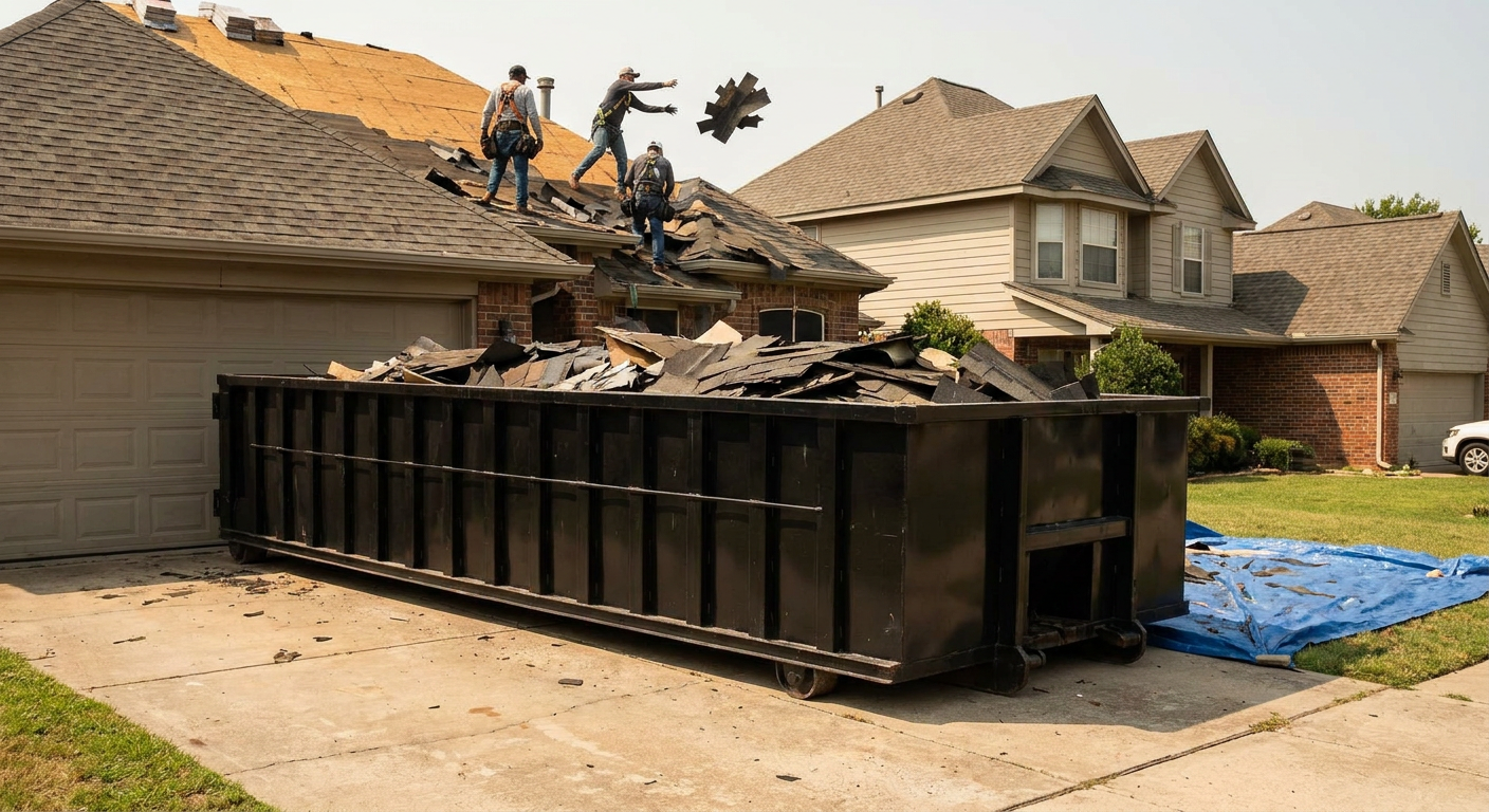 Matte-black roofing roll-off dumpster placed directly on a Utica residential concrete driveway, a tear-off crew on a two-story asphalt-shingle roof tossing shingle bundles into the low-walled container, bright daylight, documentary 35mm perspective.