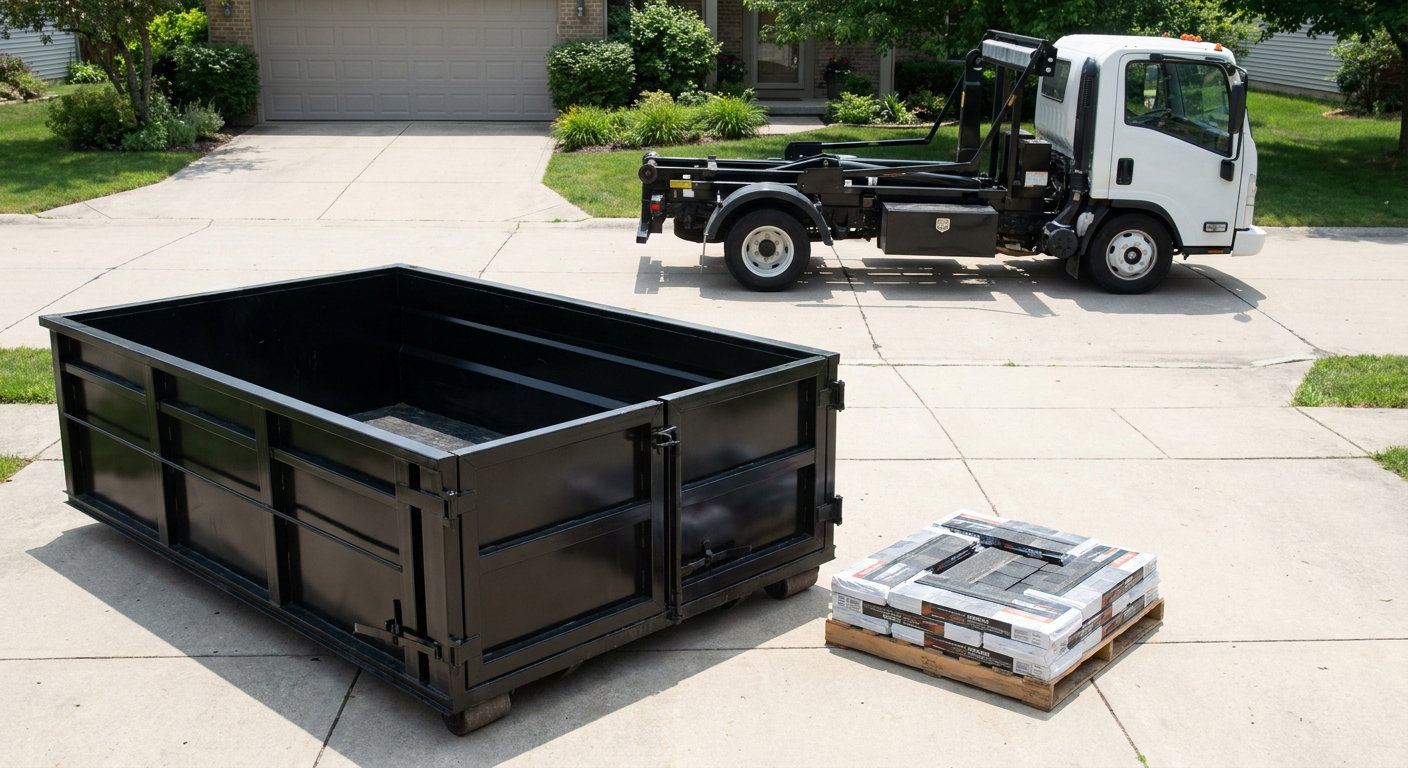 Matte-black 15-yard roofing roll-off dumpster with reinforced low side walls sitting directly on a Utica residential concrete driveway, three-tab asphalt shingle bundles stacked nearby, an unmarked white hauler truck partially visible at the edge of the frame.