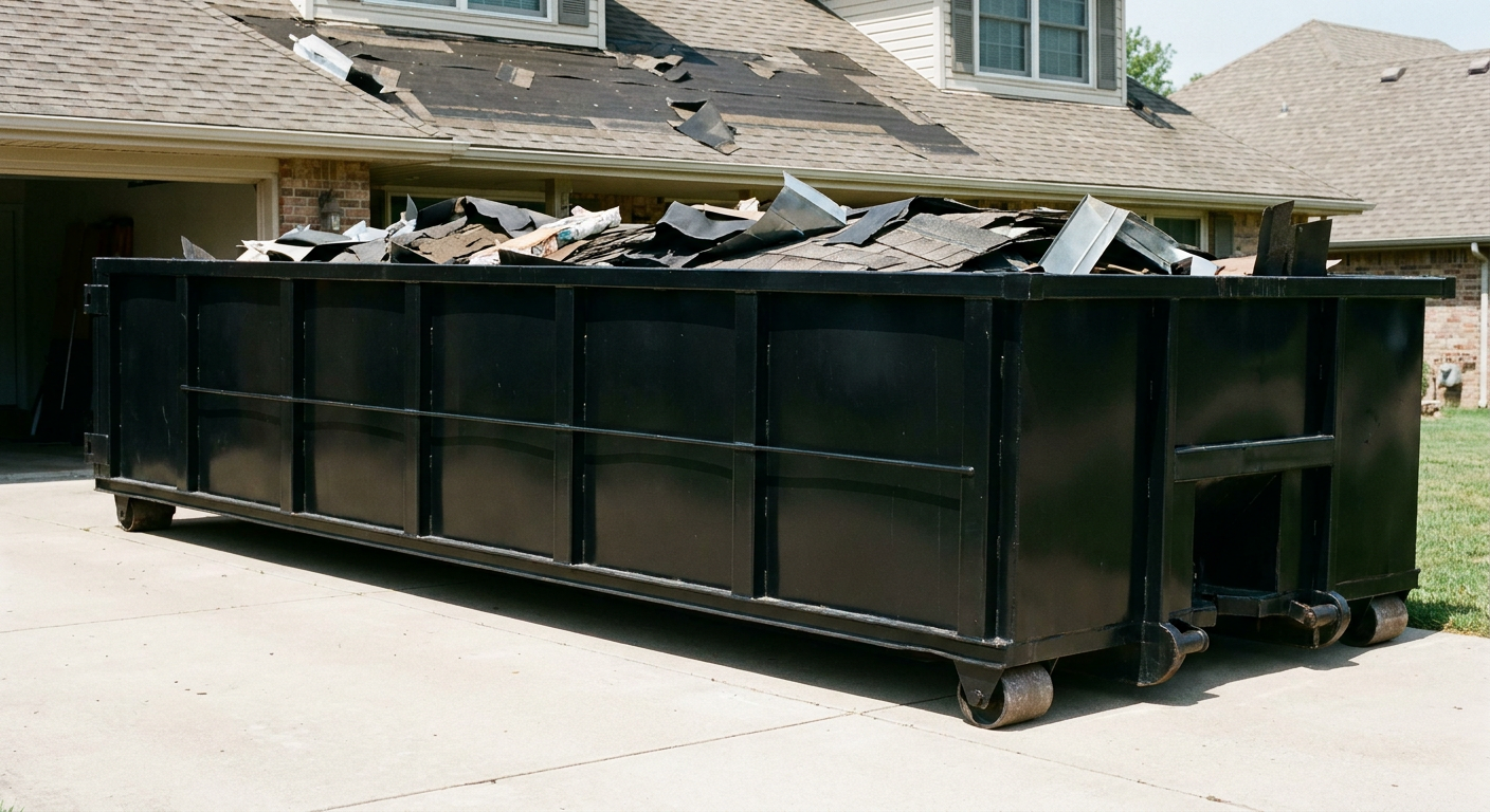 Matte-black 20-yard roofing roll-off dumpster with steel ribbed sides and swinging rear door, sitting directly on the concrete driveway of a two-story Utica home, asphalt shingle debris being loaded over the low wall, clean documentary lighting.