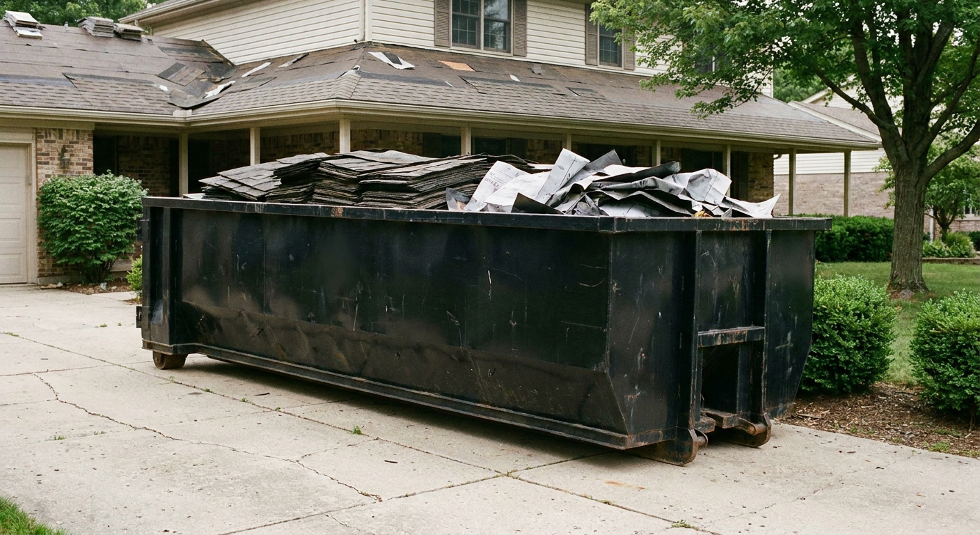 Matte-black 30-yard roofing roll-off dumpster sitting directly on a Utica concrete driveway, taller ribbed steel side panels, mixed tear-off debris of asphalt shingles and underlayment inside, professional documentary daylight.