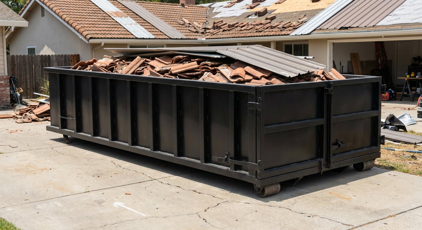 Matte-black low-wall heavy-debris roofing roll-off dumpster sitting directly on a Utica concrete driveway, broken concrete clay roof tiles and metal panel sections loaded inside, reinforced ribbed steel side walls visible, bright outdoor daylight.