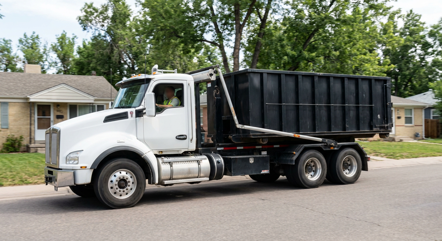 A wide documentary shot of a matte-black roll-off delivery truck pulling onto a quiet Utica residential street at mid-morning, with neighborhood rooftops and tree-lined blocks visible behind, showing the metro coverage footprint.