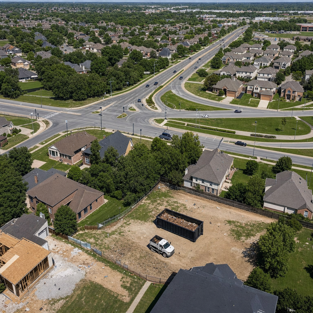 An overhead documentary view of the Utica metro area at midday, showing the spread of neighborhoods, arterial roads, and the dispatch radius from a central yard — clean daylight, organized geographic layout.