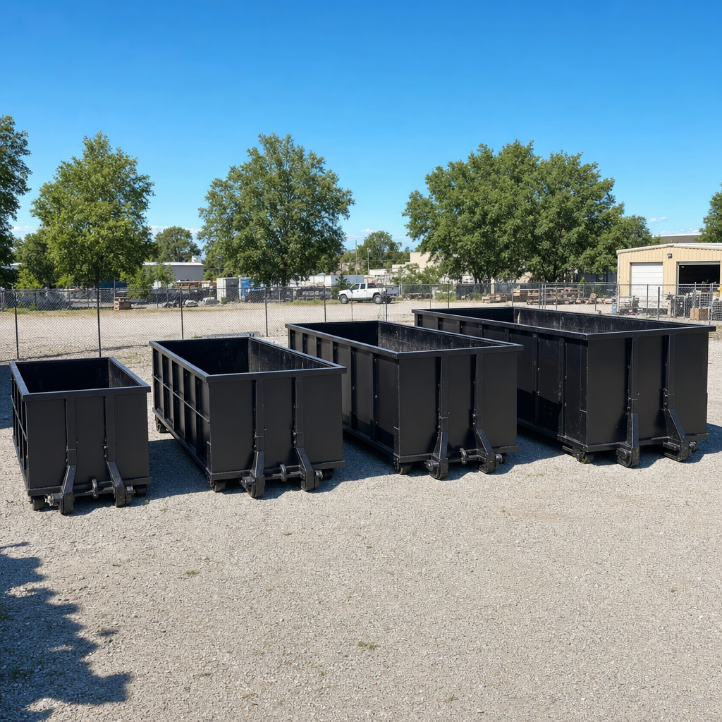 A clean lineup of matte-black roll-off dumpsters in 10, 20, 30, and 40-yard sizes staged on a sunlit gravel yard in Utica, showing the size progression from compact to commercial-scale containers.