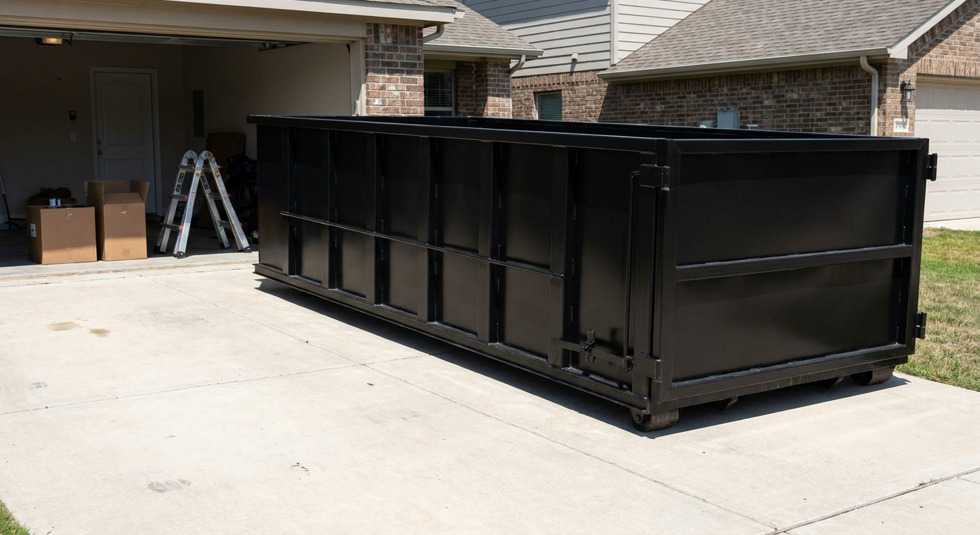 A matte-black 10-yard roll-off dumpster sitting directly on a residential Utica concrete driveway, mid-day sunlight, clean and ready for a garage cleanout.