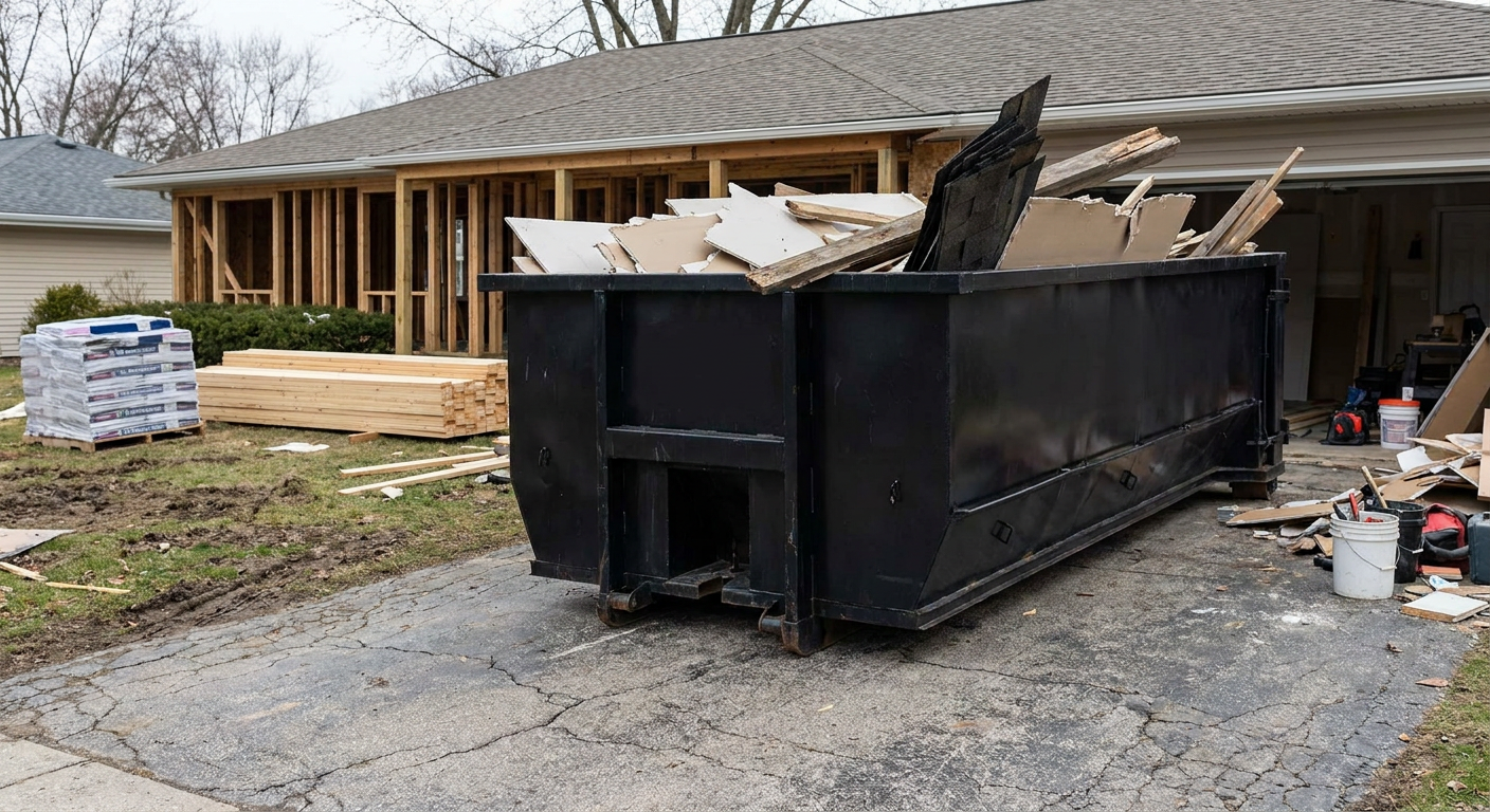 A matte-black 20-yard roll-off dumpster placed alongside a mid-renovation Utica home directly on the asphalt driveway, with framing materials and torn-off shingles staged neatly nearby.