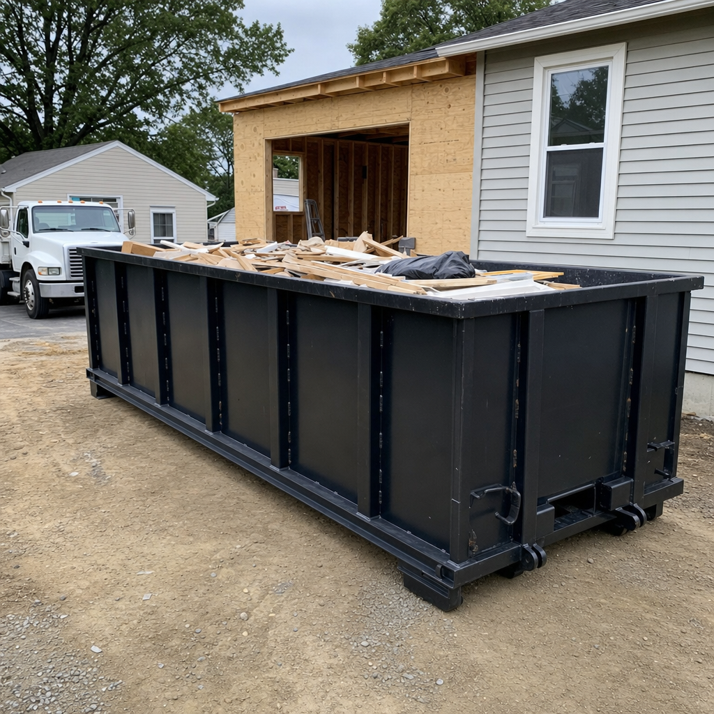 A matte-black 30-yard roll-off dumpster positioned at a Utica residential addition jobsite, with framing lumber and drywall scraps loaded through the open swinging rear doors.