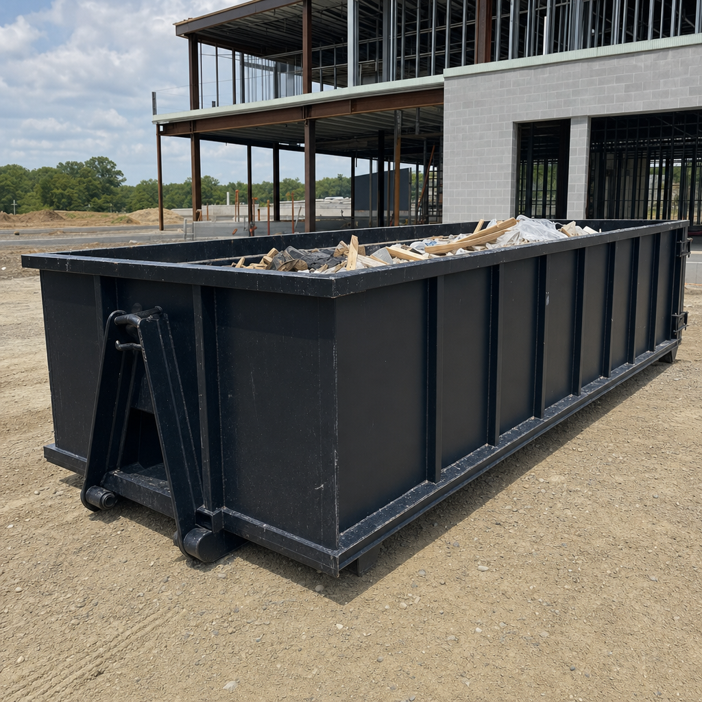 A matte-black 40-yard roll-off dumpster staged on a large Utica commercial construction lot, with a hooklift delivery truck parked alongside under bright midday sky.