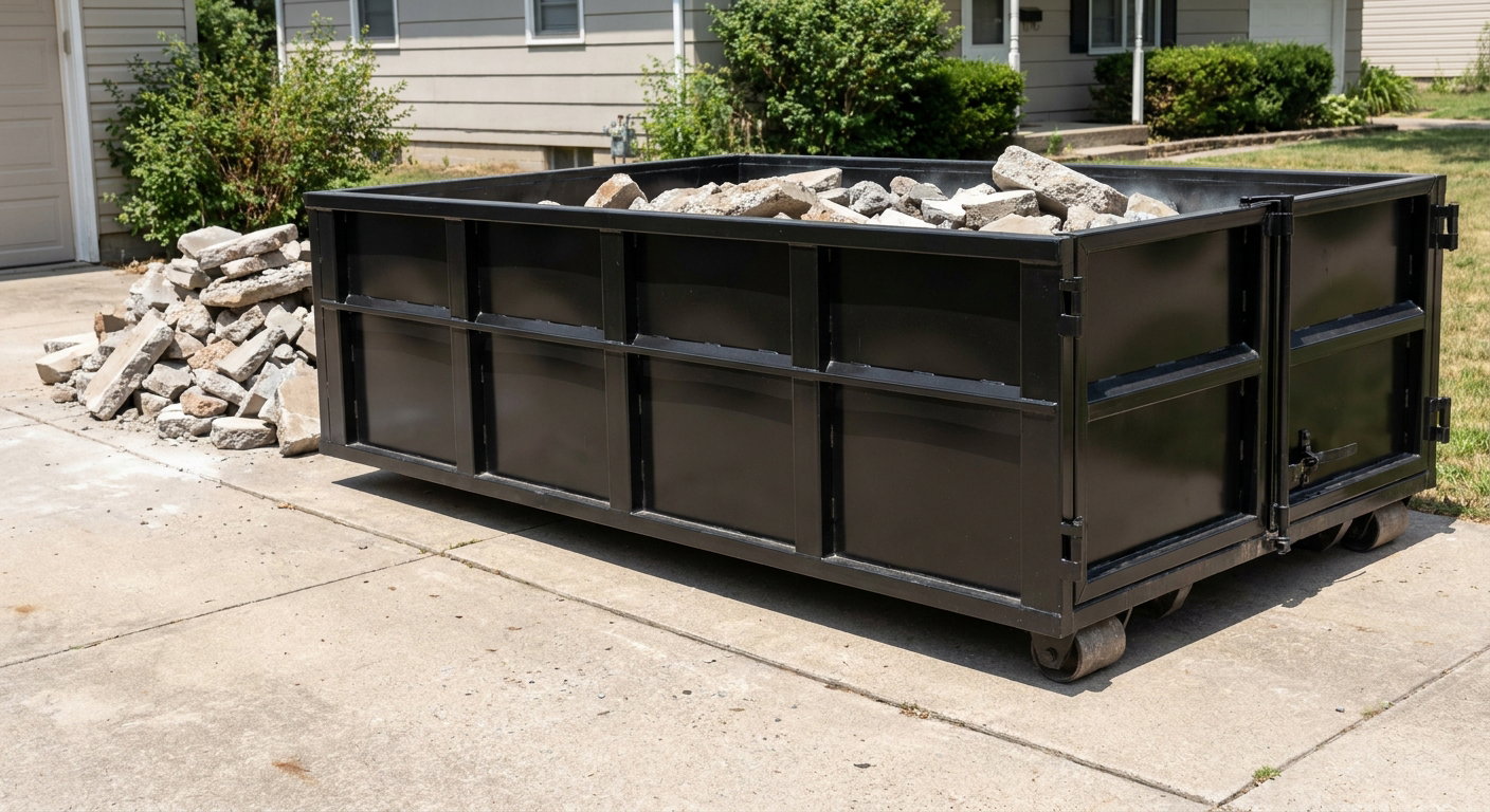 A matte-black low-side heavy-debris roll-off dumpster placed directly on a Utica concrete driveway, with broken concrete chunks neatly stacked beside it under clean daylight.